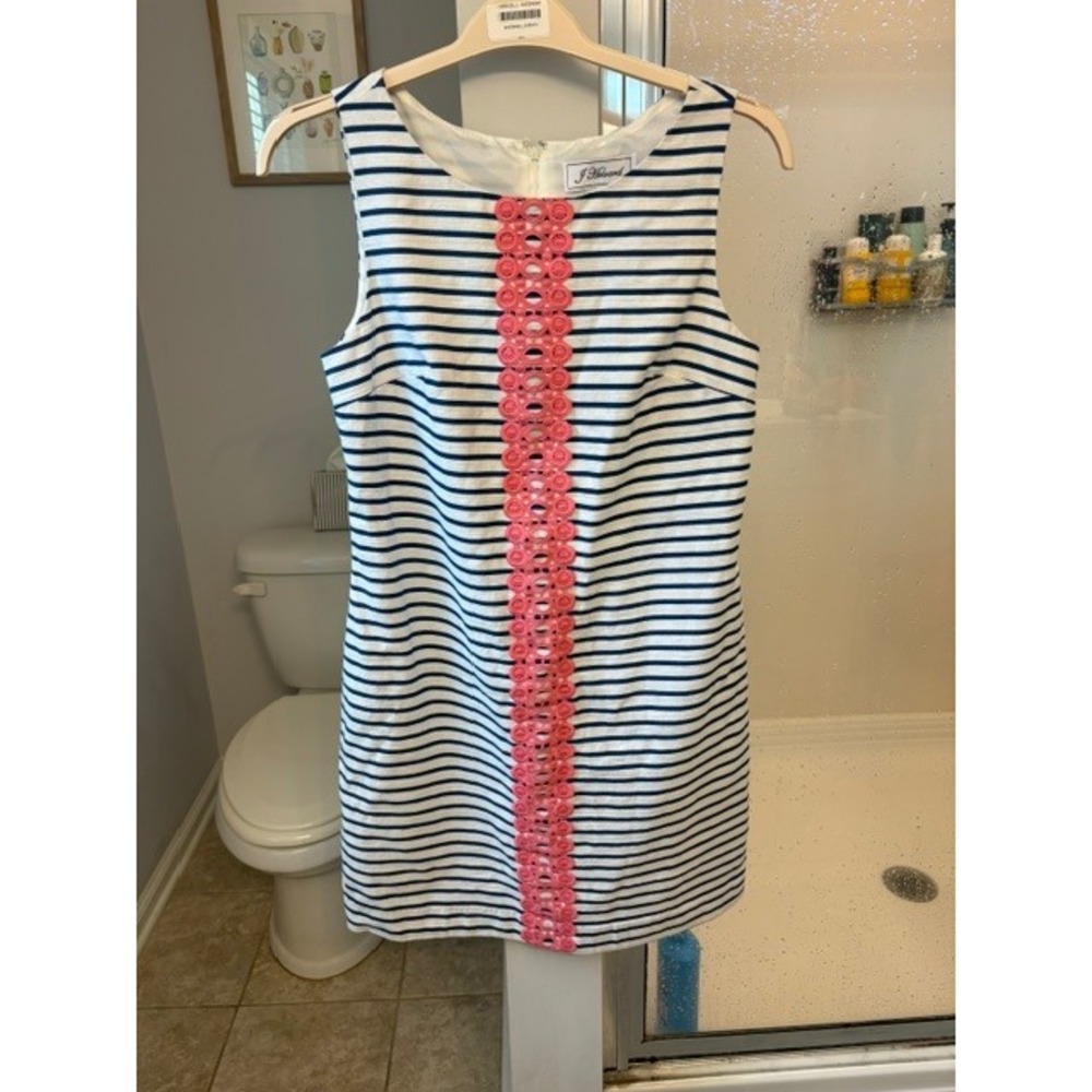 J Howard Dress Women's 10 Navy White Striped Coral Crochet Trim Shift Nautical